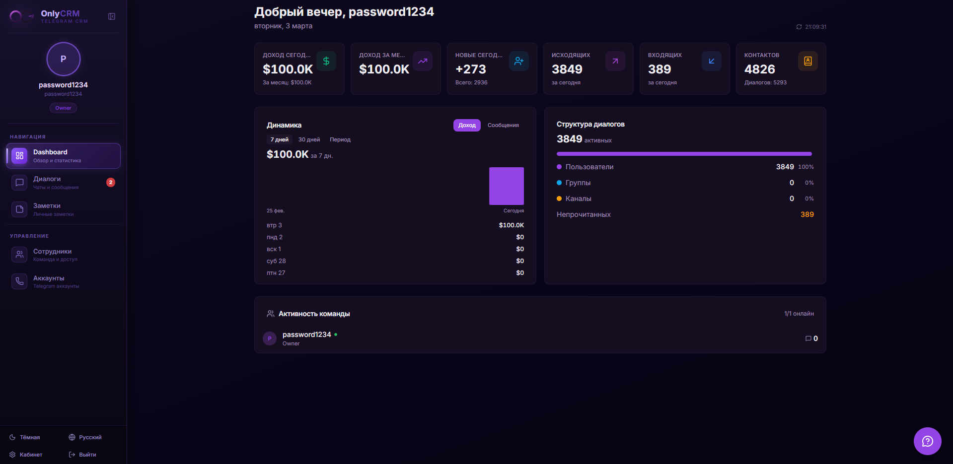 Панель приветствия